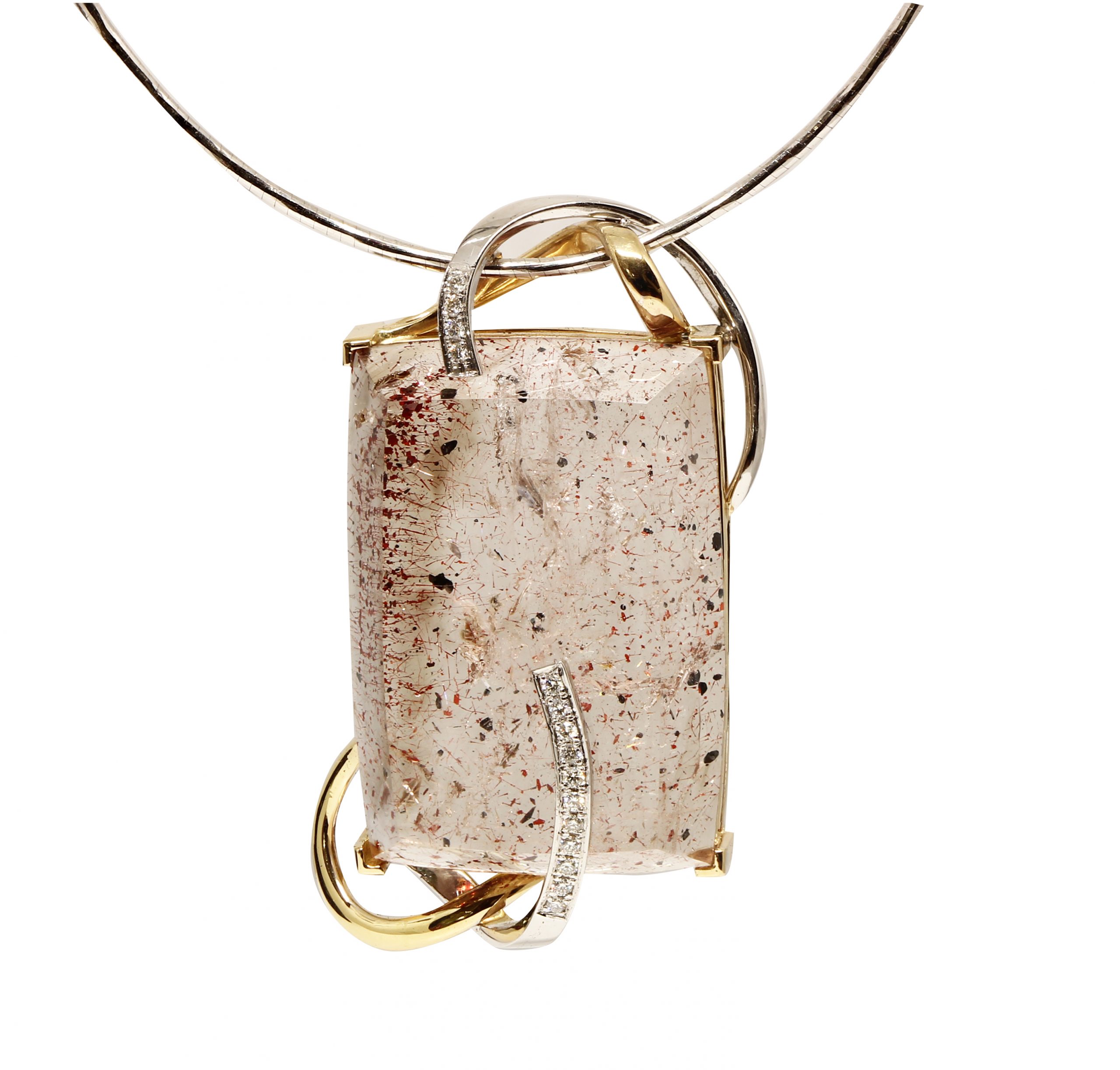 Custom Quartz Pendant Yellow and White Gold with Diamonds